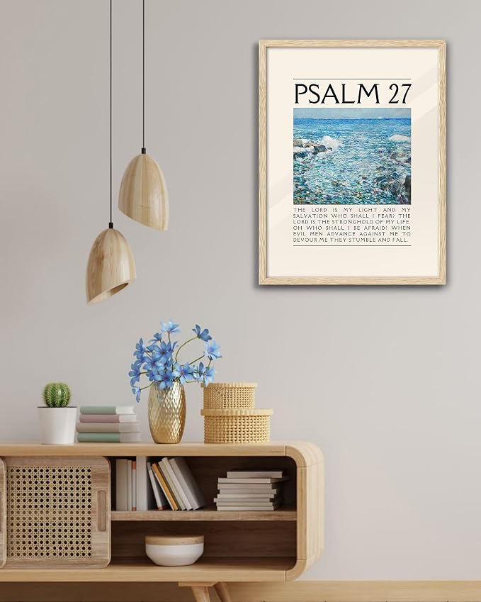EcoHest 16x20 in Psalm 27 Ocean Framed Bible Verse Christian Wall Art | Solid Oak Wood Frame with Canvas Wall Art, Coastal Scripture Wall Decor for Bedroom, Living Room, Office, Church, 1Pack