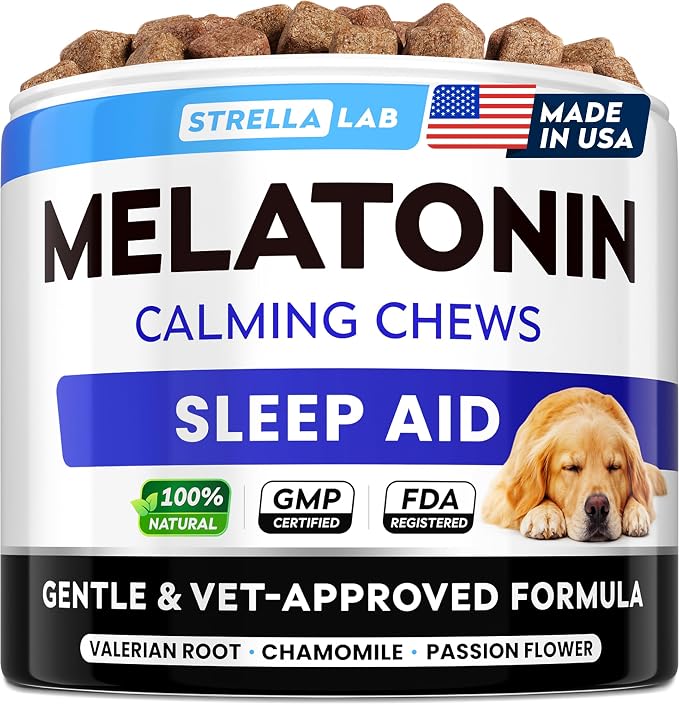 STRELLALAB Melatonin for Dogs to Sleep 6mg - Doggie Sleep Aid Treats - Sleeping Pills for Anxiety - Extra Strength Calming Chews Large & Small Breed Help Sleep at Night - Made in USA - 60Ct