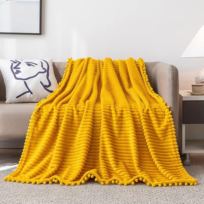 DISSA Fleece Blanket Queen Size – 90x90, Yellow - Soft, Plush, Fluffy, Fuzzy, Warm, Cozy – Perfect Throw for Couch, Bed, Sofa - with Pompom Fringe - Flannel Blanket