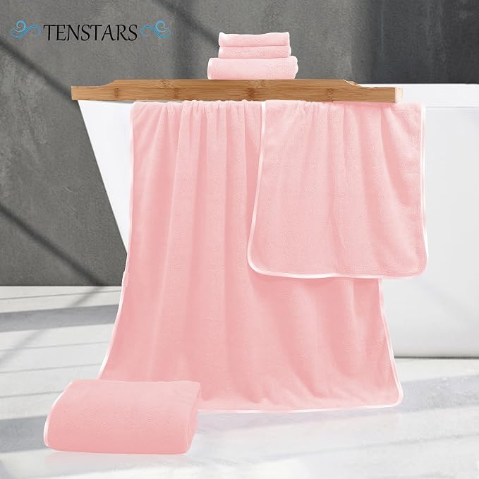 TENSTARS Luxury Silk Hemming Towel Set - Light Thin Quick Drying - 2 Bath Towels 2 Hand Towels 2 Washcloths - Ultra Soft Microfiber Towel for Bath Fitness, Sports, Yoga, Travel (Pink 6 Pieces)