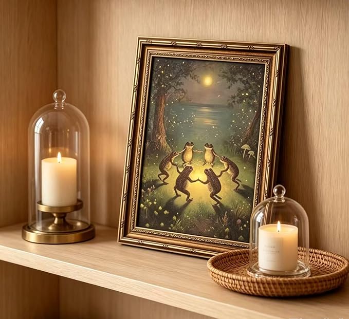 Vintage Gold Framed Frog Wall Art,Frogs Dancing in Moonlight Forest Painting Canvas Prints,Whimsical Animal Wall Decor,Retro Country Toad Poster Artwork for Corridor Living room Bedroom Kitchen