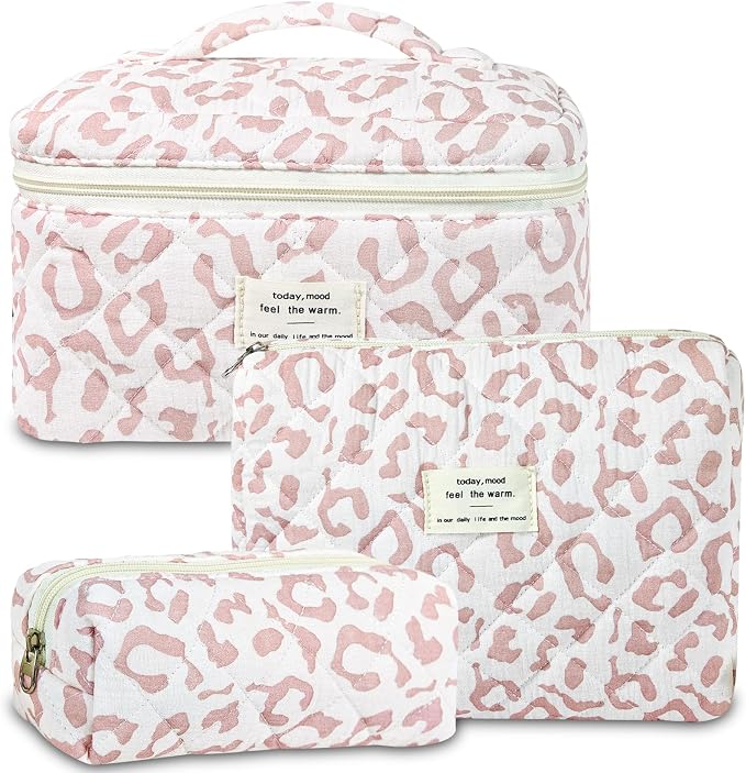 GISMTR 3Pcs Makeup Bag Cotton Quilted Travel Cosmetic Bag Cute Floral Makeup Pouch Large Toiletry Bag for Women Girls