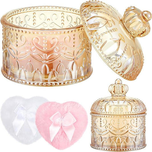Tioncy 3 Pcs Large Body Powder Puff with Container, Soft Velour Washable Reusable Face Powder Puffs, Wet Dry Use, Makeup Crystal Case Gift for Women(Crown, Amber)