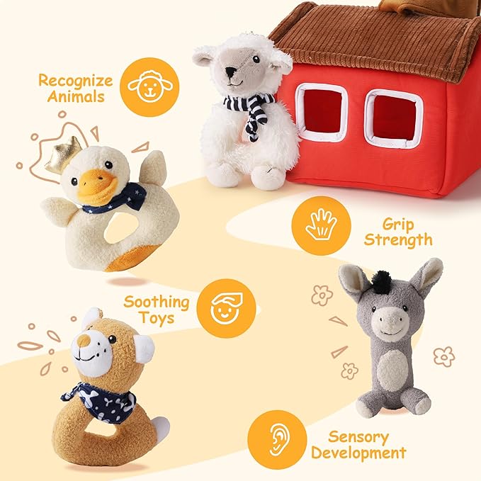 iPlay, iLearn Baby Toys 3 6 12 Month Newborn Gifts, Infant Soft Farm Stuffed Animal Rattles Plush Barn, Boy Girl Stuff, Valentine's Basket Stuffer, Sensory Hand Development Toy 0 2 4 7 9M 1 Yr - Farm
