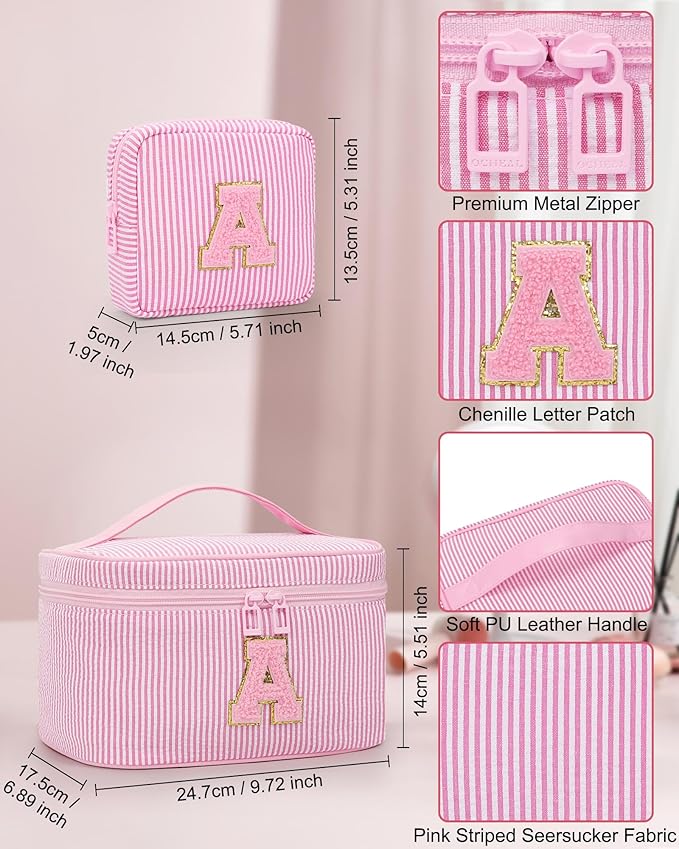 MONSTINA Personalized Initial Makeup Bag with Brush Holder and Divider for Women,Make Up Case for Girlfriend Bridesmaid Wife,Birthday Gift for Her Cute Toiletry Bag,2PCS,Pink Z