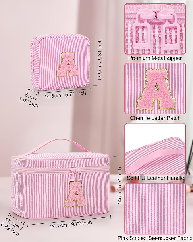 MONSTINA Travel Makeup Bag for Women,Make Up Pouch for Girlfriend Bridesmaid Wife,Birthday Gift for Her Cute Monogram Cute Initial Toiletry Bag Set,2PCS Pink H