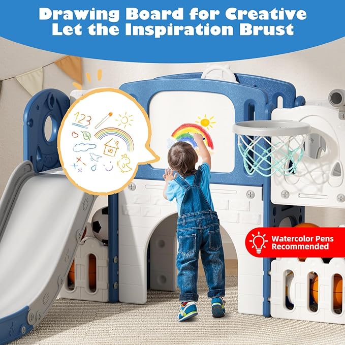 Glaf 9 in 1 Toddler Slide Outdoor Playset Playground Baby Kids Indoor Slides for Toddlers 1-3 with Climber Basketball Hoop Drawing Board and Storage Space (Blue)