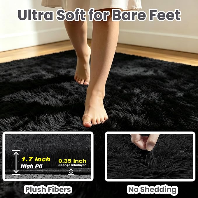6x9 Area Rug for Living Room, Ultra Soft Fluffy Black Rugs for Bedroom, Non Slip Large Shag Carpet, Fuzzy Plush Nursery Rug, Thick Washable Indoor Floor Carpets for Kids Office Dorm Home Decor