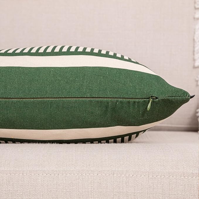 2 Pack 20x20 Pillow Covers - Brown Faux Leather & Olive Green Striped Soft Cotton, Same Pattern Both Sides | for Couch Sofa Bed, Farmhouse Industrial Decor
