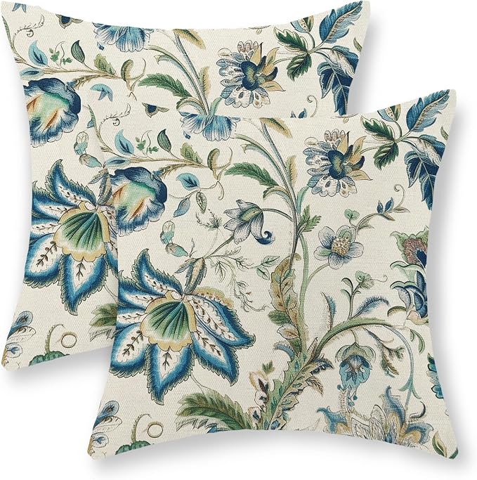 Blue Green Pillow Covers 18x18 Set of 2 Sage Green Chinoiserie Floral Throw Pillows Boho Vintage Flowers Decorative Pillowcase Outdoor Chinoiserie Decor Farmhouse Cushion Case for Couch Sofa