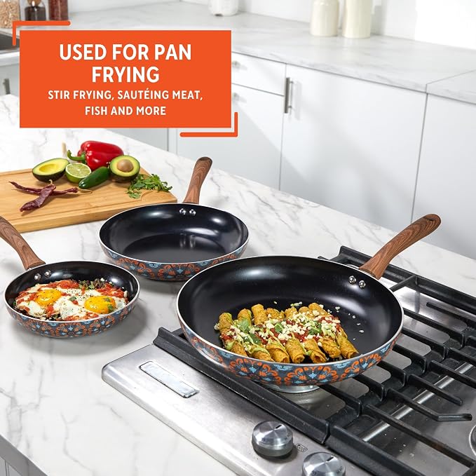 IMUSA 3 Piece 7, 9 & 11 Inch Talavera Aluminum Black Ceramic Fry Pan Set | Nonstick Ceramic Coating, Soft-Touch Handles, Talavera Exterior Design, Ideal for Frying and Sautéing