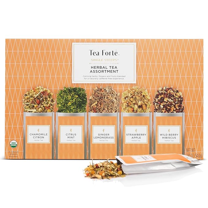 Tea Forte Single Steeps Loose Leaf Tea Sampler, Assorted Variety Tea Box, 15 Single Serve Pouches, Herbal Tea