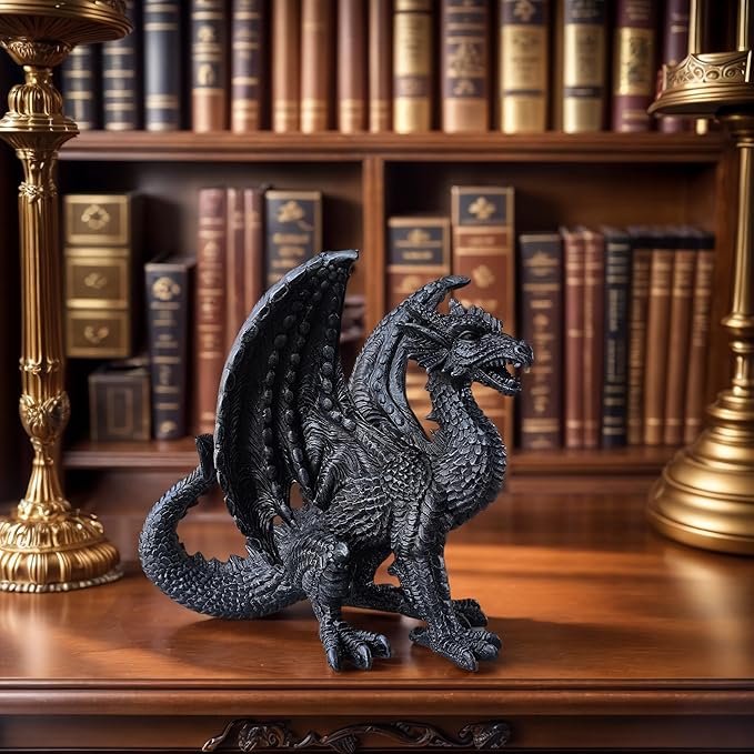 Gothic-Themed Dark Dragon Statue Figurine 8'' Long Majestic Dragon Medieval Mythic Guardian Collectible Fantasy Decoration Home Office Shlef Mantel Decor Gifts