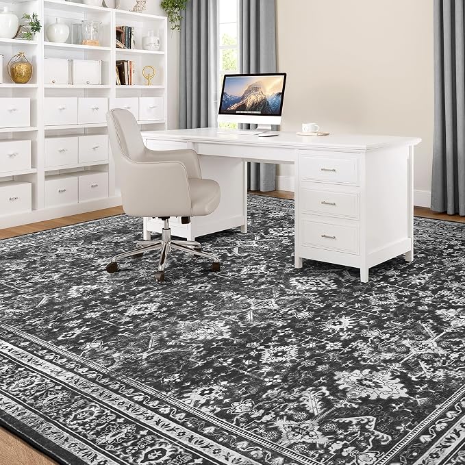 8x10 Area Rugs for Living Room, Black Washable Non-Slip Large Carpet | Soft Area Rug for Bedroom Dining Room Home Office Indoor Nursery, Stain Resistant, Low Pile, Vintage Boho Distressed Rug