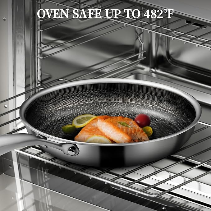 6 Pieces Stainless Steel Frying Pan Set with Lids(8"+9.5"+11") | Honeycomb Nonstick Frying Pan Set, Induction & Oven Safe, Stay-Cool Handles, Compatible with All Cooktops, PFOA Free