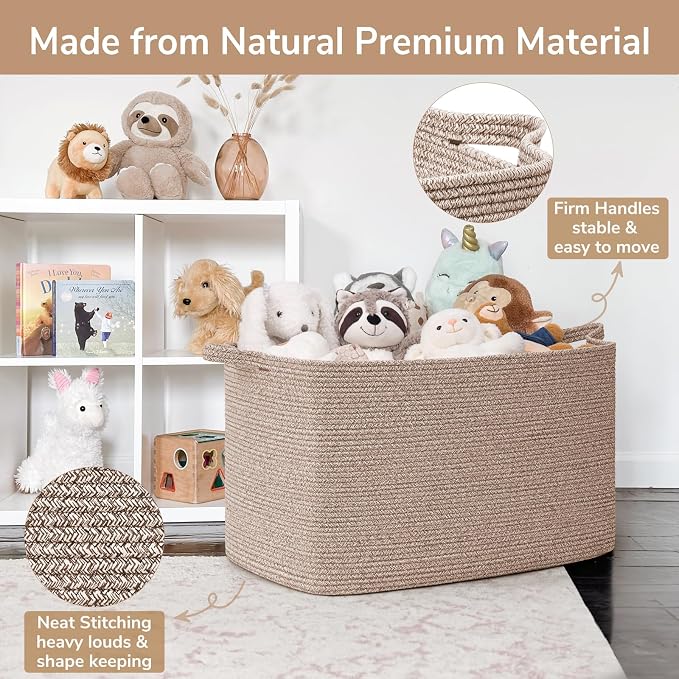 Goodpick 105L Extra Large Woven Rope Blanket Basket, Rectangle, Brown | 25'' x 16'' x 16'' Storage Basket for Blankets, Clothes & Pillows, Living Room & Bedroom Organization, Reinforced Handles