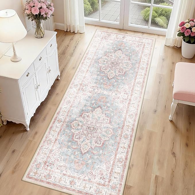 CAPALOCA Runner 2x6 Washable Nursery Girls Low Pile Area Rug Pink Blue | Non-Slip Soft Rugs for Bedroom Kids Playroom Living Room, Print Pattern Water Repellent Carpet Indoor Decor