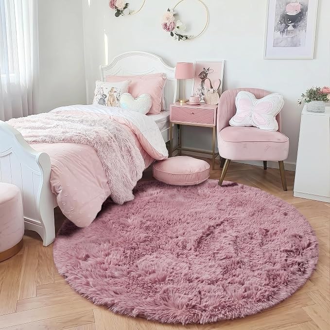 Amdrebio Mauve Pink Round Circle Rug 4Ft for Girls Bedroom, Cute Fluffy Fuzzy Area Rugs for Kids Room Decor Aesthetic, Shaggy Circular Carpet for Nursery Classroom Dorm, Furry Dusty Rose Blush Rug