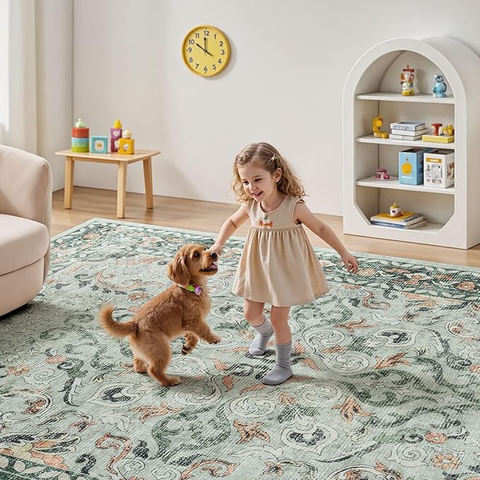8x10 Area Rugs for Living Room,Washable Non-Slip Large Rug, Sage Green | Soft Carpets for Bedroom for Dining Room Home Office Indoor Nursery, Stain Resistant, Low Pile, Vintag Boho Distressed Rug