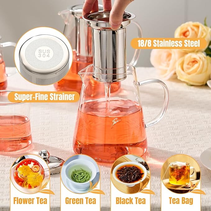 Baalaka Glass Teapot 33oz/950ml, Tea Pot with Removable Infusers for Loose Tea, Borosilicate Glass Tea Kettle Tea Maker Stovetop for Camping, Tea Infuser for Loose Leaf Tea Travel