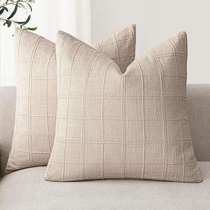 Foindtower Set of 2 Decorative Linen Check Throw Pillow Covers Neutral Farmhouse Vintage Cushion Covers Modern Boho Home Decor for Sofa Chair Couch Bedroom Living Room,24×24 Inch,Natural Linen