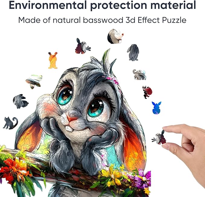 Qiuenisray Easter Wooden Puzzles for Adults, Rabbit Jigsaw Puzzles 200 Piece, FSC Certified Royal Unique Shape Animal Wood Puzzle, Creative Gift for Family Game 11.1x11.4 in