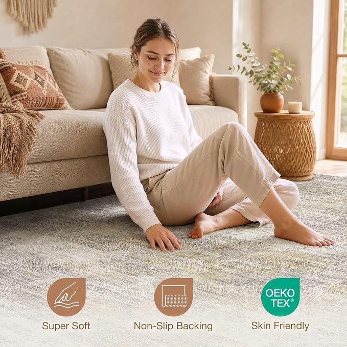 cotiled Washable Area Rugs 10x14 Living Room | Non Slip Backing, Stain Resistant, Pet Friendly, Large Neutral Soft Indoor Carpet For Bedroom, Nursery, Office, Gold/Brown