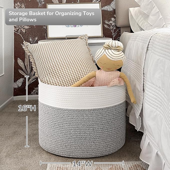 Goodpick Woven Blanket Basket Living Room, Toy Bin for Playroom, 45L | 15.8 x 15.8 x 13.8 In Toy Storage Basket for Nursery, Blanket Basket for Living room, Laundry Basket, Light & Grey