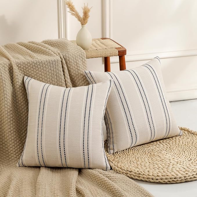 Hckot Throw Pillow Covers 16x16 Set of 2 Striped Pillow Covers Textured Linen Decorative Pillows Square Cushion Covers for Sofa Couch Bed Living Room Farmhouse Decor, Black
