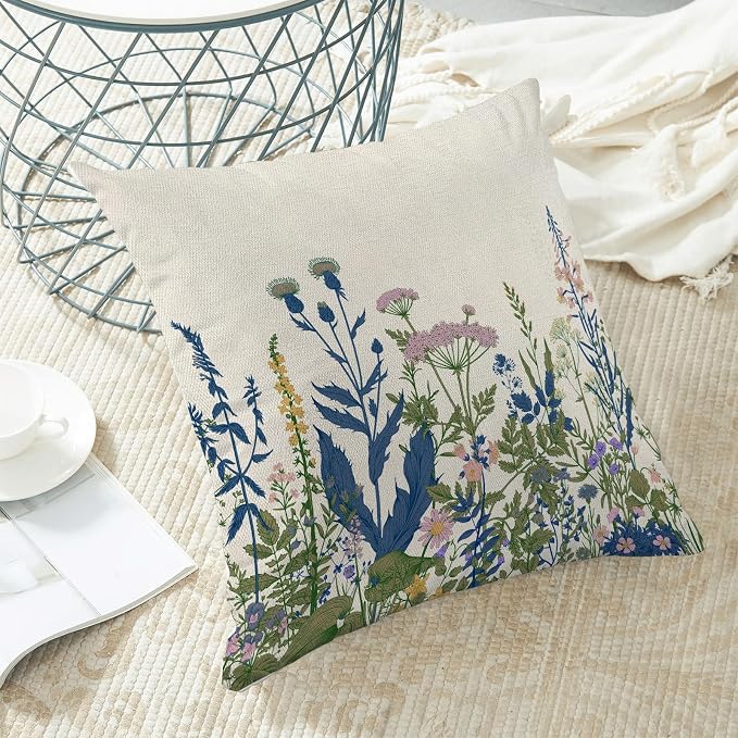 AEIOAE Navy Blue Teal Pillow Covers 20x20 Inch Set of 2, Spring Wildflower Plant Throw Pillows Case,Seasonal Floral Outdoor Decorative Flowers Farmhouse Decor Cushion Covers for Home Sofa Bed Couch