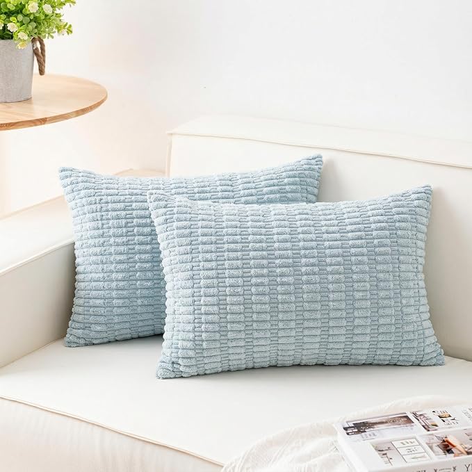 Pack of 2 Corduroy Decorative Throw Pillow Covers 12x24 Inch, Sky Blue | Fall Soft Striped Pillow Covers Modern Farmhouse Home Decor Christmas Throw Pillow Covers for Sofa Living Room Couch Bed