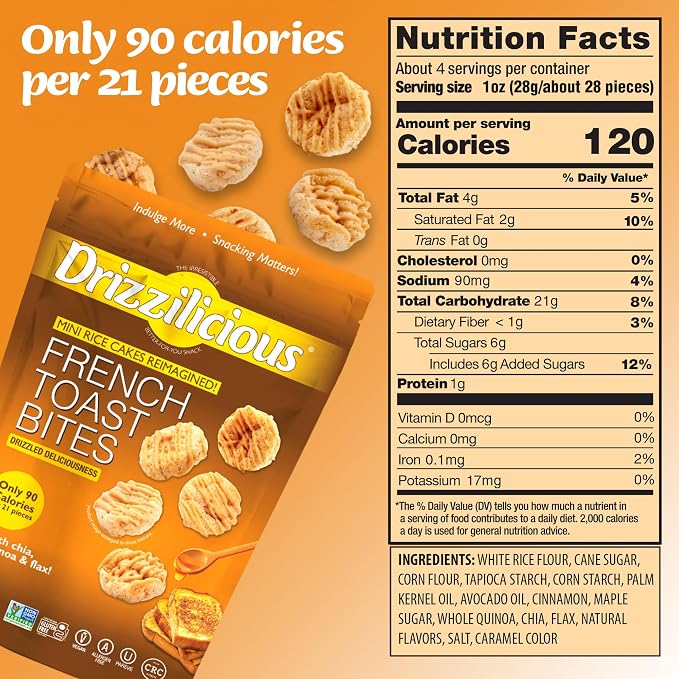 Drizzilicious Mini Flavored Rice Cakes French Toast - Rice Crisps, Healthy Snack for Adults and Kids, Vegan, Gluten Free Snack, Allergen Free, Only 90 Calories Per 21 Pieces - 4 oz (Pack of 1)