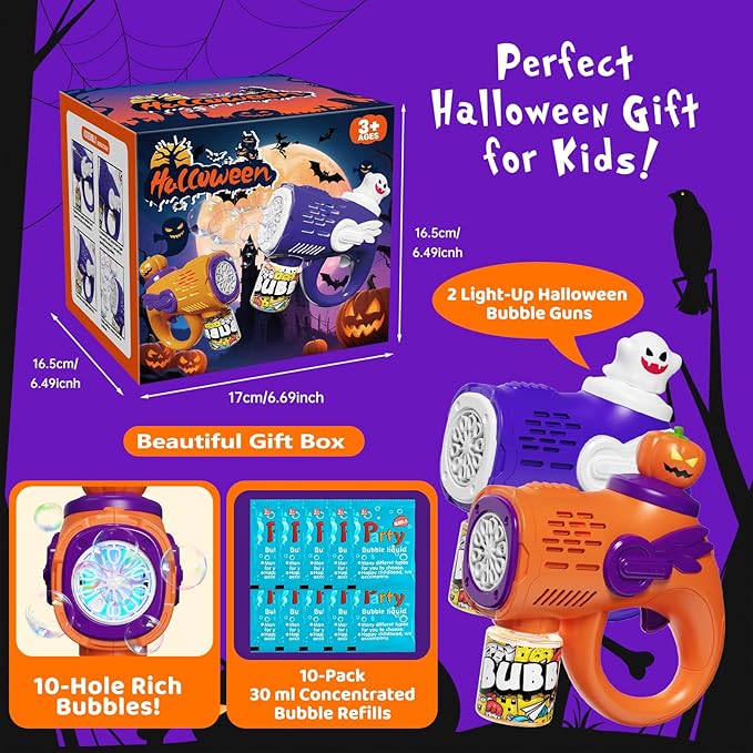 2 Halloween Bubble Gun Toys - Light-Up Bubble Machine for Kids Toddlers with 10 Refill Packs Ghost & Pumpkin, Fun Fall Gifts Party Favors Boo Basket Stuffers for Boys Girls 3 4 5 6 7 8 9 + Year Old