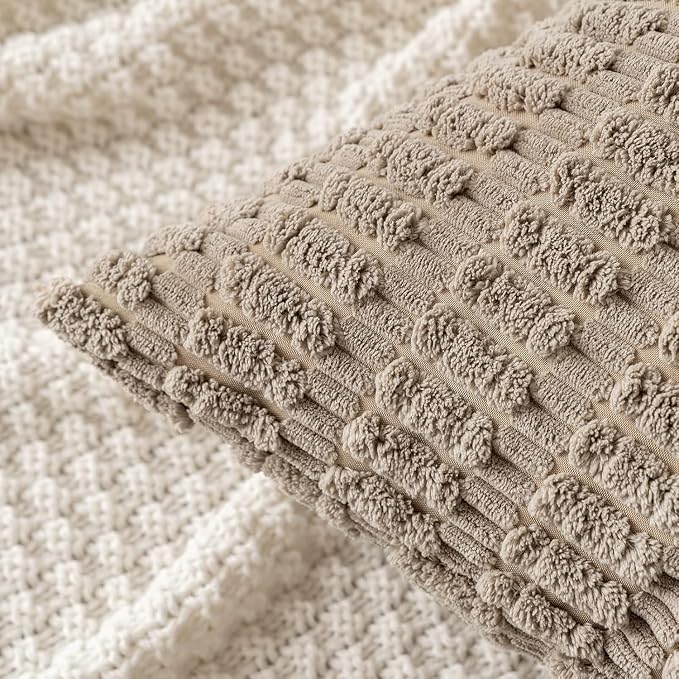 MIULEE Lumbar Corduroy Decorative Throw Pillow Covers 12x20 Light Brown | Pack of 2 Soft Boho Striped Pillow Covers Modern Farmhouse Fall Home Decor For Sofa Living Room Couch Bed