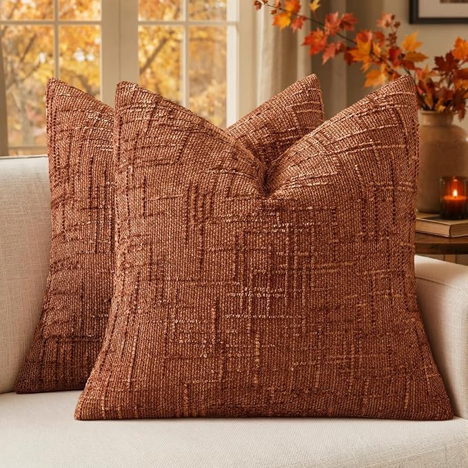 MIULEE Chenille Textured Fall Euro Throw Pillow Covers Burnt Orange 26x26 | Set of 2, Slubby Decorative Pillows, Boho Farmhouse Home Decor, Modern Neutral Cushion Covers for Couch Sofa Bed Living Room