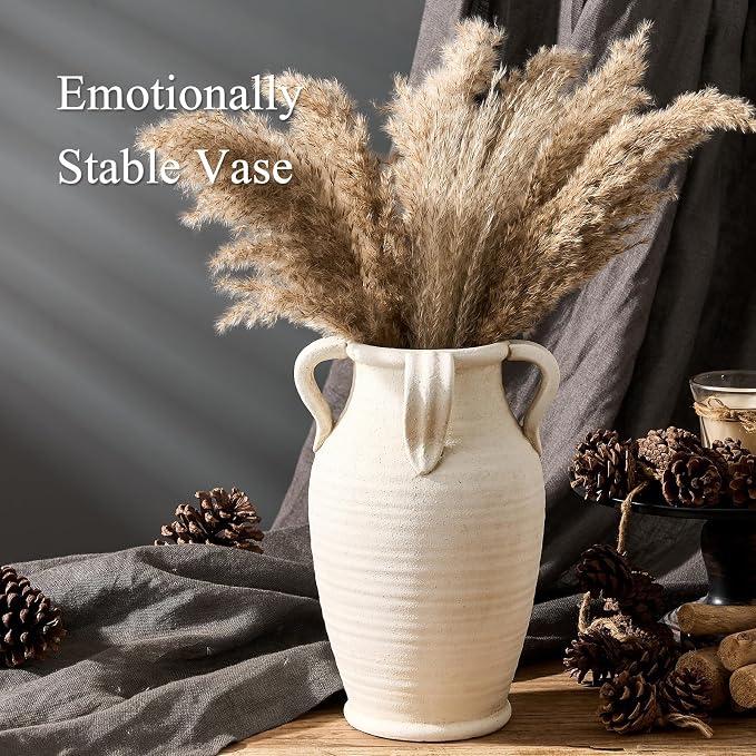 Emotionally Grounded Vase, Vaseking Large Ceramic Rustic Vase with 4 Handles, 10.83 inch Minimalist Decorative Farmhouse Tall Vases for Home Decor, Living Room, Enterway, Table Decoration, Fossil