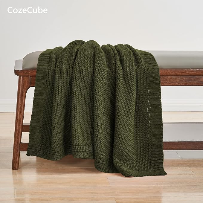 CozeCube Olive Green Seed Stitch Throw Blanket 50"x60", Farmhouse Decor | Blanket for Couch, Soft Cozy Cable Knit Throw for Bed Sofa Living Room, Lightweight Warm Decorative Christmas Blanket