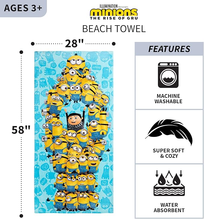 Franco Kids Super Soft Cotton Bath/Pool/Beach Towel, 58 in x 28 in, Minions The Rise Of Gru