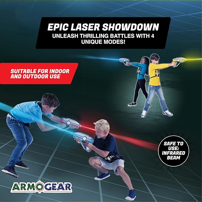 Laser Tag Set for Kids, Teens & Adults - 4 Blasters + 4 Vest Sensors with 4 Multi-Game Modes - Fun Ideas Age 8+ Year Old Toys - Includes Accessories - Boys & Girls Outdoor Teenage Group Activities
