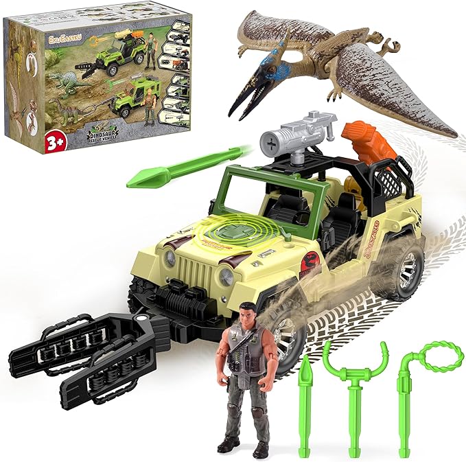 EKU Dinosaur Truck with 10 Sounds, Capture Net, Clamp, Launcher, Wing Flapping Quetzalcoatlus Figure, Human, Push and Go Adventure Vehicle for Jurassic World Toys Pretend Play Gifts for Kids 3+
