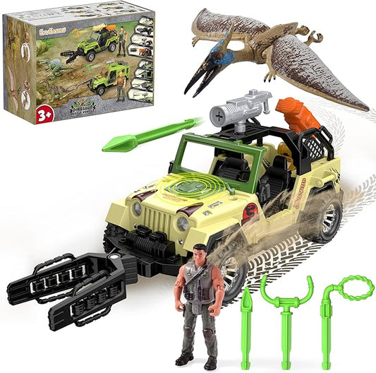 EKU Dinosaur Truck with 10 Sounds, Capture Net, Clamp, Launcher, Wing Flapping Quetzalcoatlus Figure, Human, Push and Go Adventure Vehicle for Jurassic World Toys Pretend Play Gifts for Kids 3+