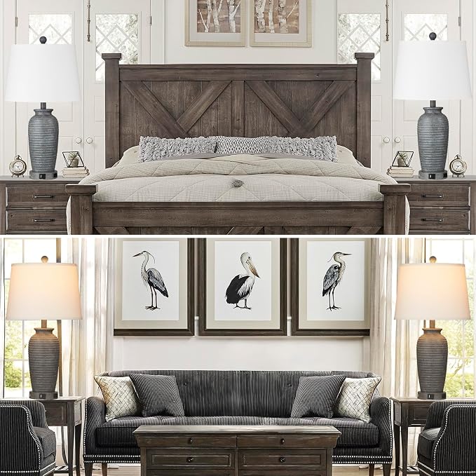 CINSARY 25" Farmhouse Jar Table Lamps Set of 2, 3 Way Touch Control Rustic Bedside Lamps with USB A+C Ports & AC Outlet, Pot Nightstand Lamps for Bedroom Living Room (LED Bulbs Included)