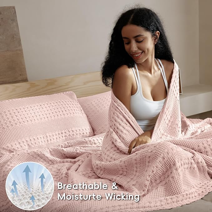 PHF 100% Cotton Waffle Weave Throw Blanket, Lightweight Breathable Summer Blanket for Couch Sofa, Pre-Washed Soft Throws for Bed, Office, Travel & Stylish Home Decor, 50"x60", Pink/Mauve