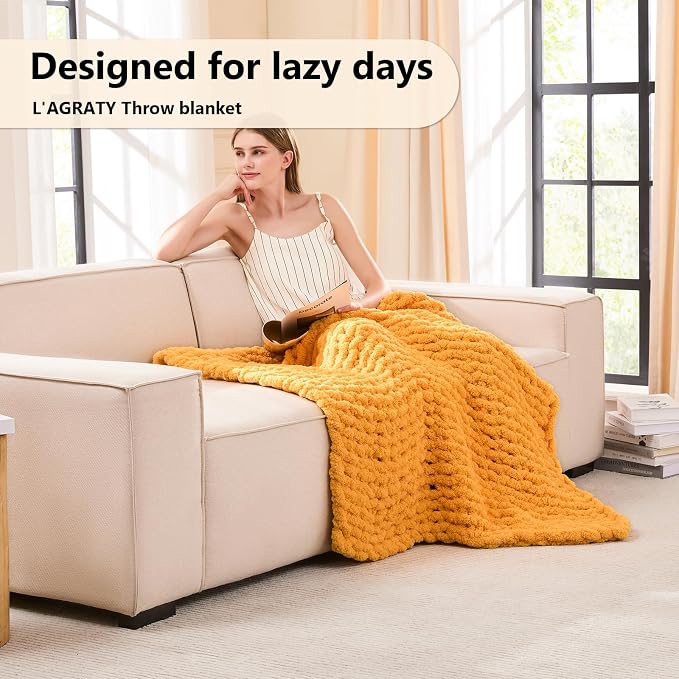 L'AGRATY Chunky Knit Throw Blanket for Couch, 40 x 50 Inches Mustard Yellow | Handmade Chenille Crochet Blanket for Sofa Bed, Thick Cable Knitted Blankets for Room Home Decor, Birthday Gift for Women Mom