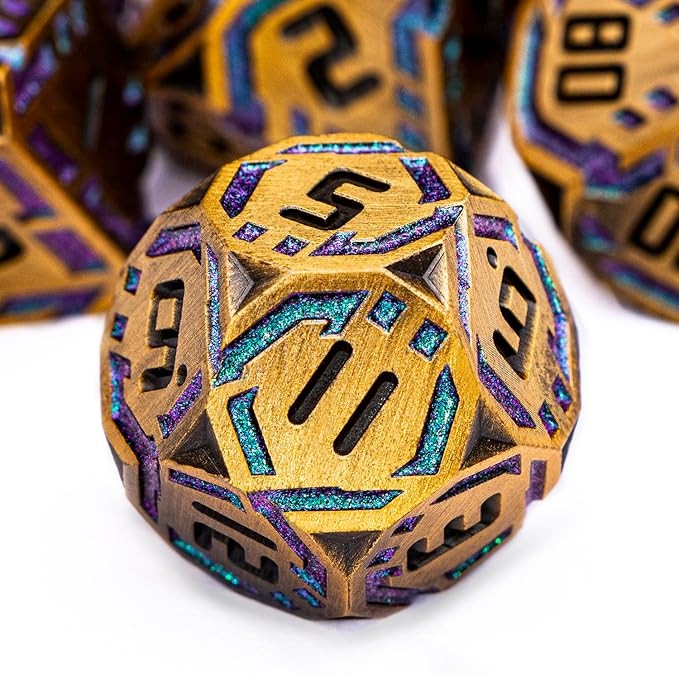 Metal DND Sci-fi Dice Set 7PCS Stripe Polyhedral Dice for Dungeons Dragons RPG Role Playing Game, Glitter D and D Dice with Gift Box D6 D8 D10 D12 D20 (Ancient Gold&Green Purple)