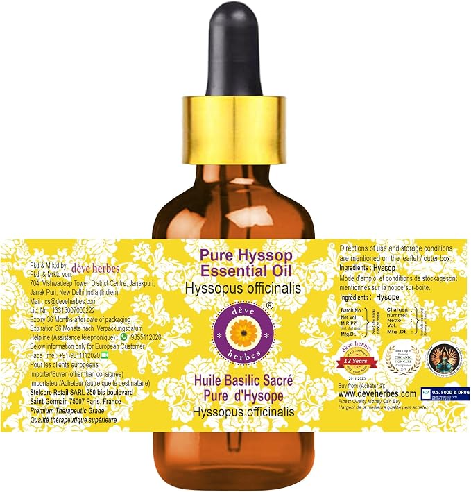 Deve Herbes Pure Hyssop Essential Oil (Hyssopus officinalis) with Glass Dropper Steam Distilled 2ml (0.06 oz)