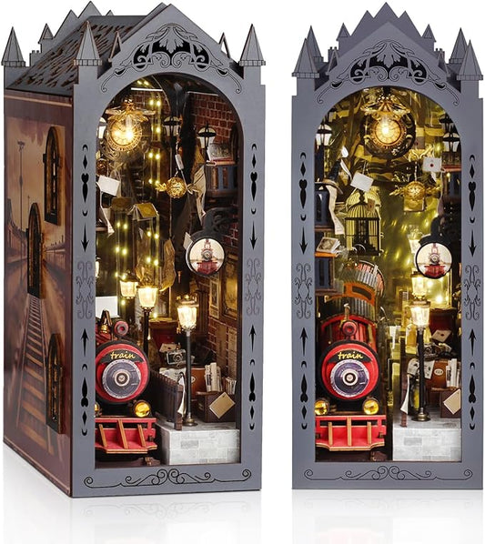 Foyucool Book Nook Kit, DIY Miniature House Kit for Adults, Dollhouse Booknook with LED Light Gifts for Family, Friends, Magic Train