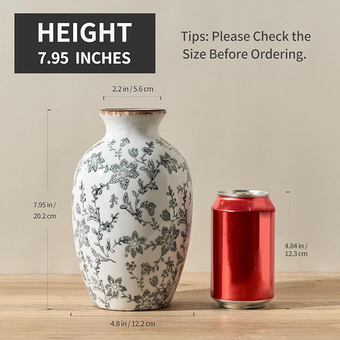 Gray Vintage Chinoiserie Floral Vase, 7.95" Decorative Flower Vase, Modern Farmhouse Ceramic Vase for Home Decor, Living Room, Bookshelf, Office, Entryway, Garden, Chinoiserie Decor, Tuscan Decor