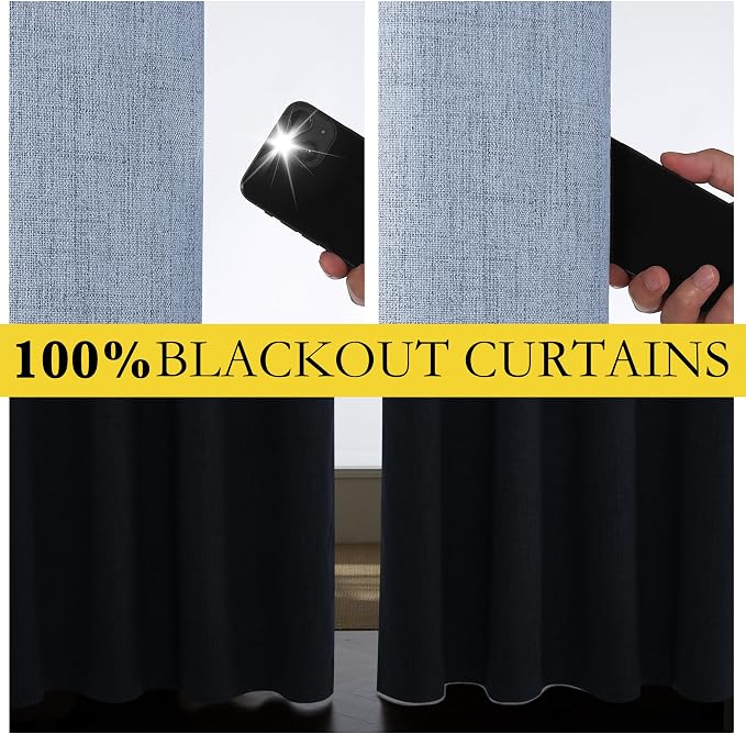 NICETOWN Stone Blue Vintage Linen 100% Blackout Curtains for Kitchen, Thermal Insulated Curtains 63" Long, Noise Reducing Window Treatment Drapes for Dorm Room, 62" Wide Per Panel, Set of 2