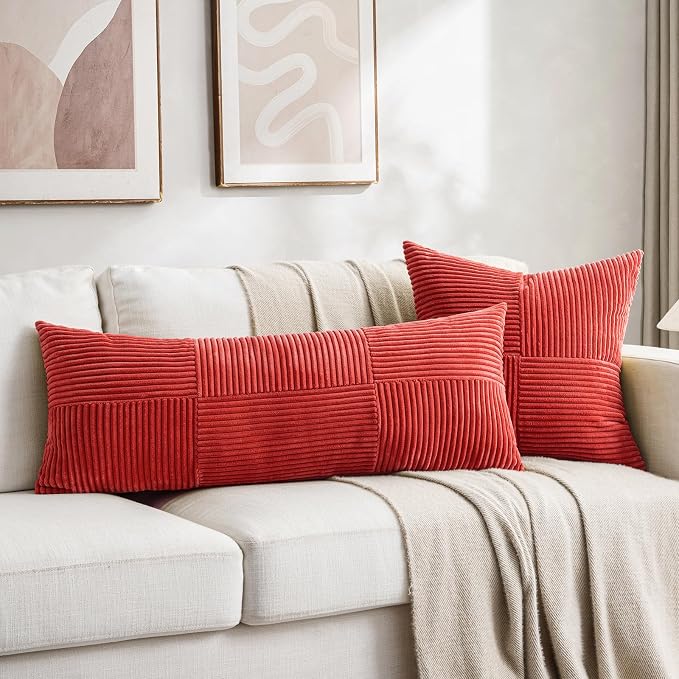 Fancy Homi 2 Packs Red Decorative Throw Pillow Covers 16x16 Inch for Living Room Couch Bed Sofa, Holiday Christmas Home Decor Gift, Soft Corss Patchwork Corduroy Textured Square Cushion Case 40x40 cm